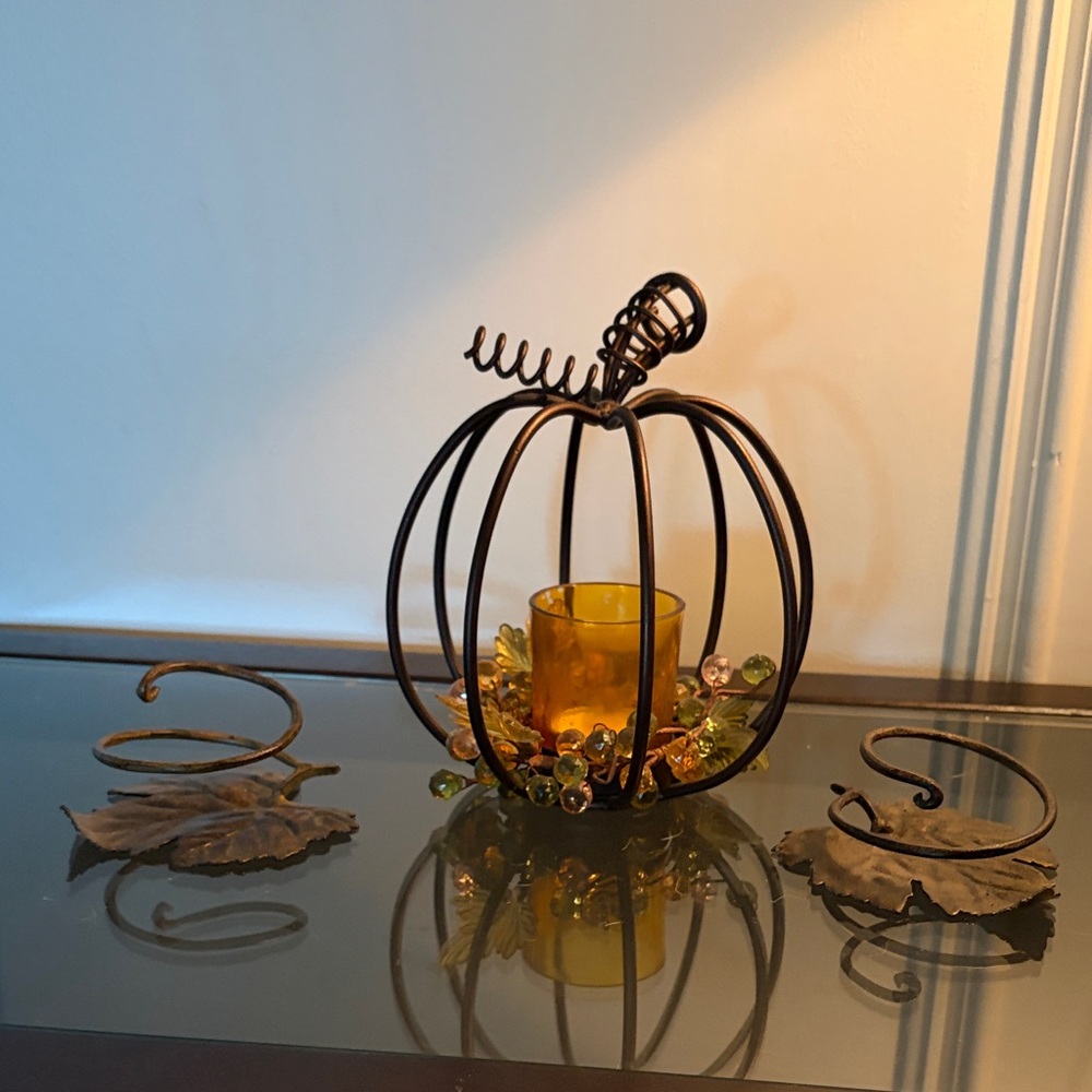 Metal Pumpkin Candle Holder with Amber Glass